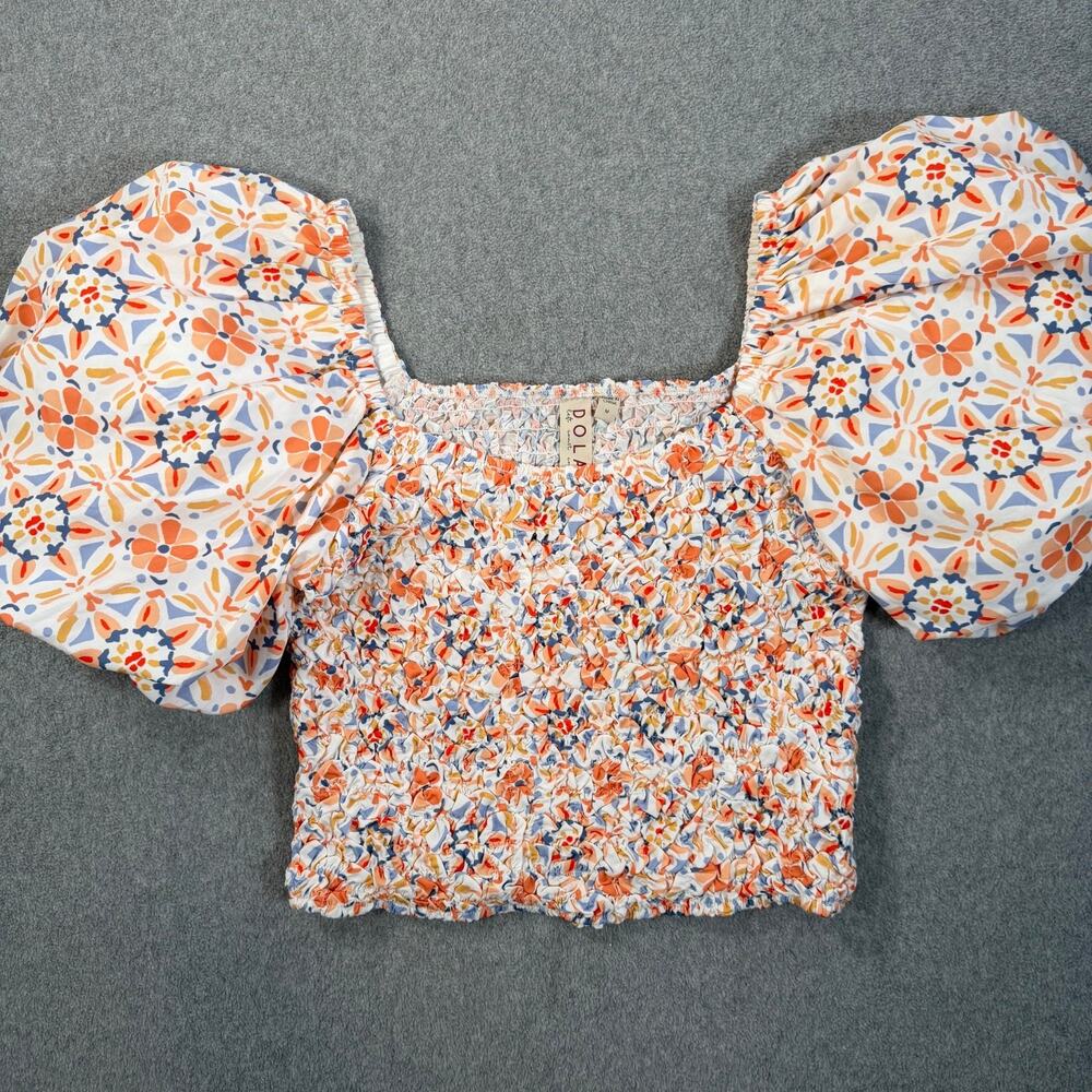 Dolan Off-the-Shoulder Textured Top Womens Medium Puff Sleeve Orange Blue Anthro